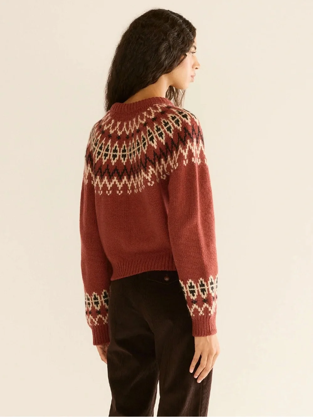 NWT Doen Clarke Wool Alpaca Button Cardigan Knit Sweater Burgundy Fair Isle Red